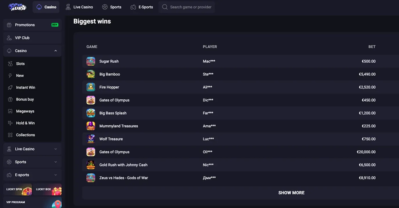 Interface du casino Spinaura montrant les jeux et bonus
